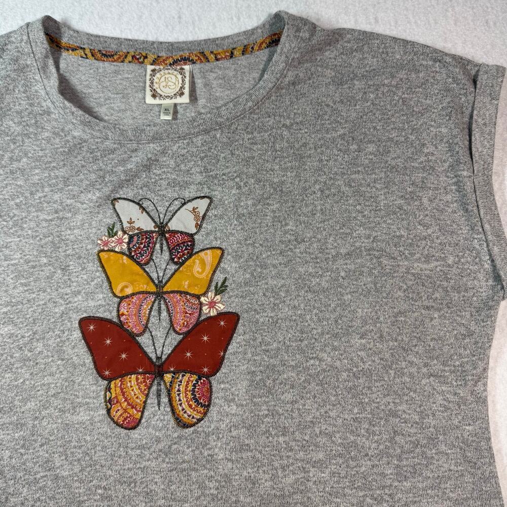 Trueself Cap Sleeved Grey with Earth tone Embroidered Butterfly's XL Cottagecore